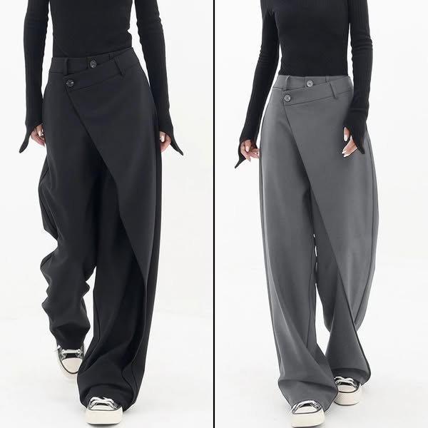 Asymmetrical Layer Button Wide Leg Dress Pants