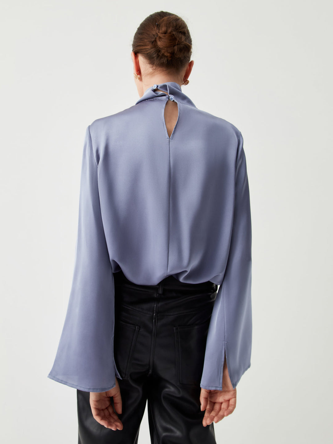 Asymmetric Pleated Turtleneck Satin Blouse