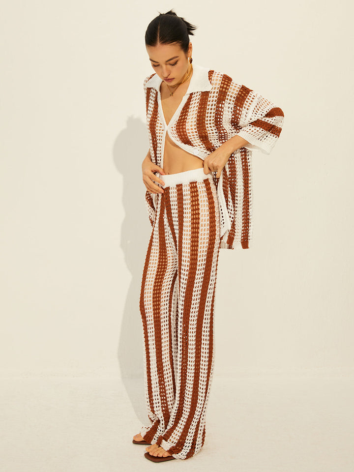 Sheer Stripe Polo Knit Pants Set