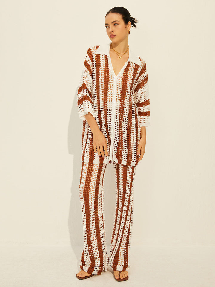 Sheer Stripe Polo Knit Pants Set