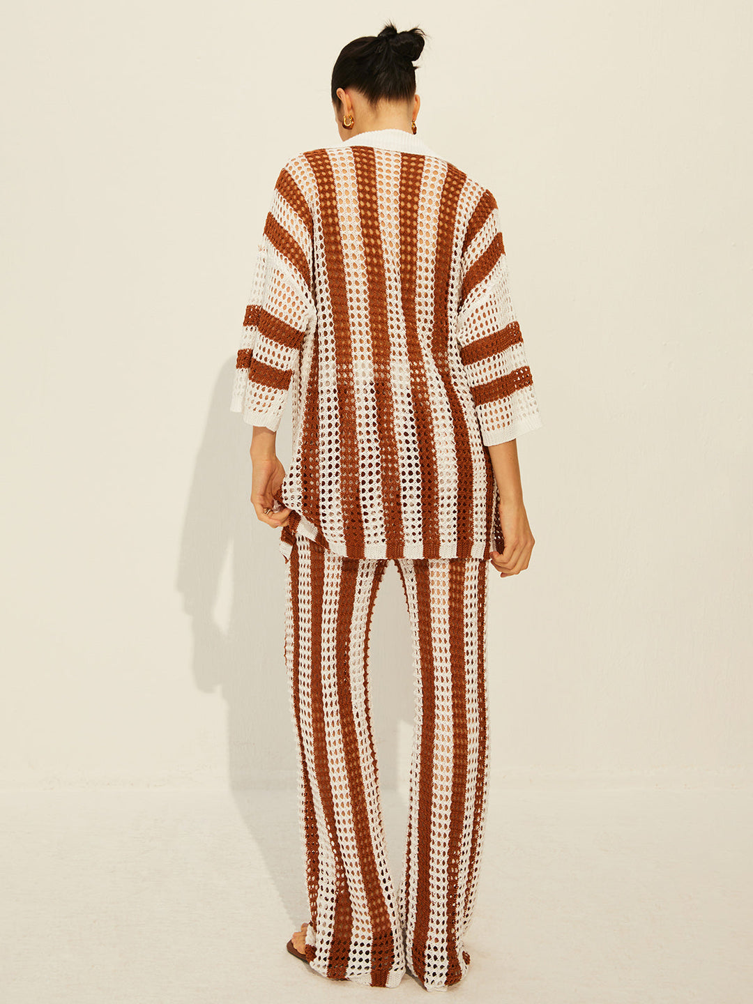 Sheer Stripe Polo Knit Pants Set