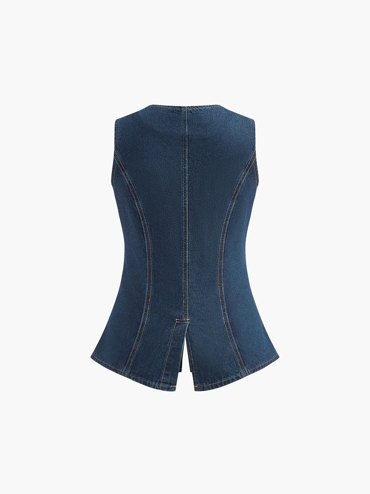 Denim Peplum Vest With Shorts Set