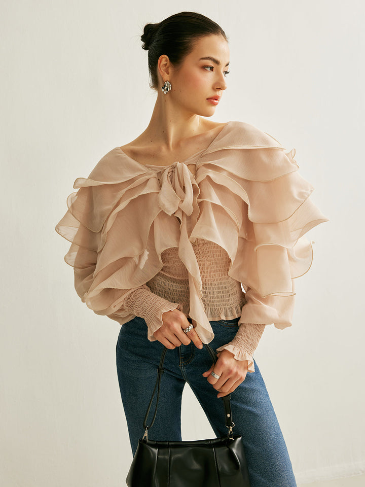 Semi-Sheer Chiffon Ruffle Backless Top