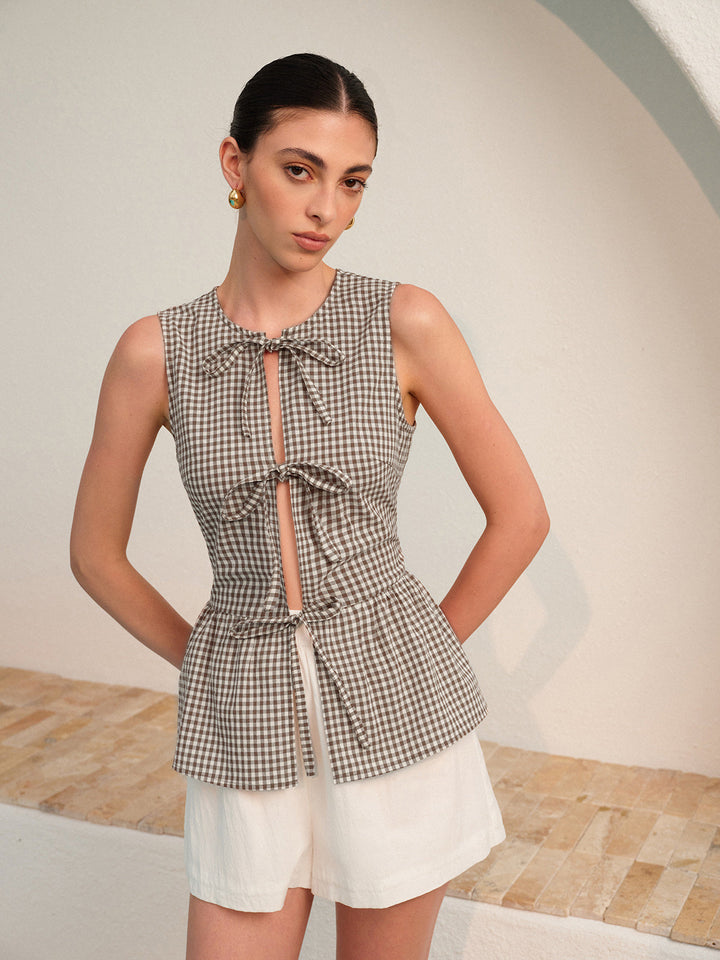 Gingham Tie-Front Peplum Top