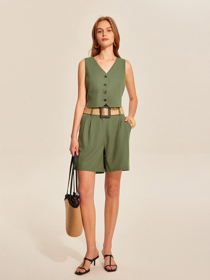 V-Neck Buttoned Shorts Set With Belt