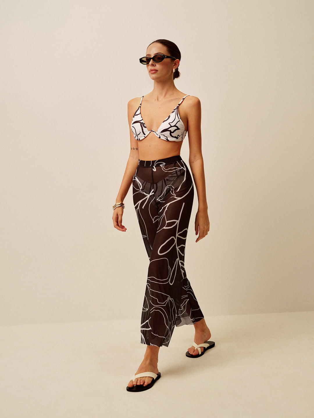 Sheer Printed Wide-Leg Cover-Up Pants
