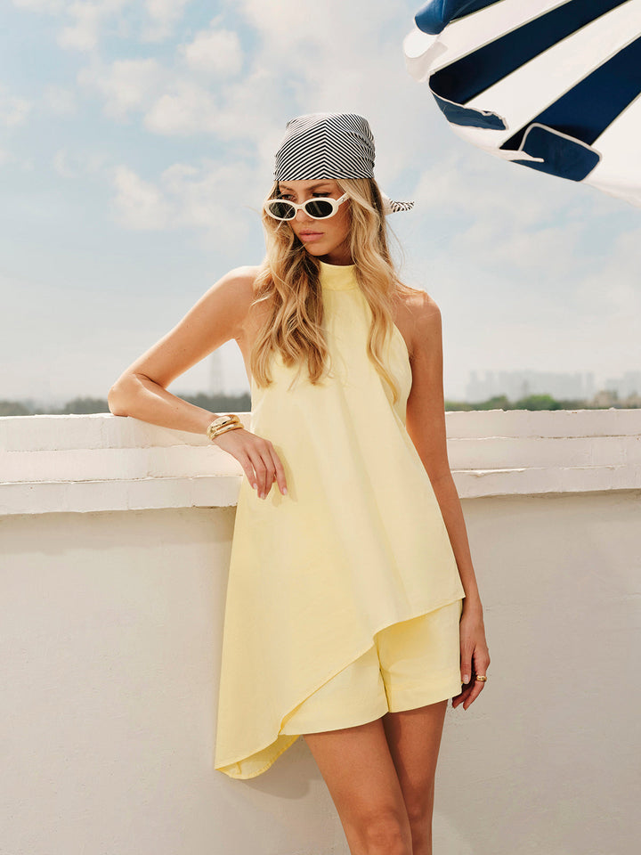 Button Asymmetrical Backless Shorts Set