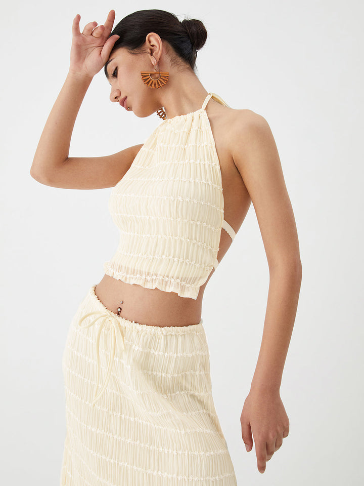 Backless Halter Top With Pleated Maxi Skirt Set