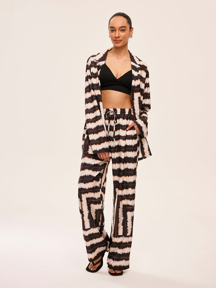 Geometric Color-Block Pants Set With Pockets