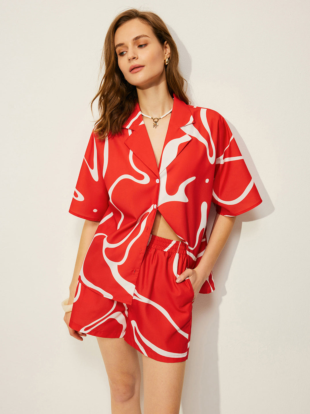 Abstract Print Shirt With Shorts Set