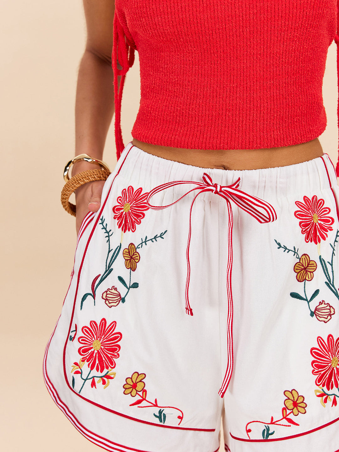 Cotton & Linen Floral Embroidered Shorts With Drawstring Waist