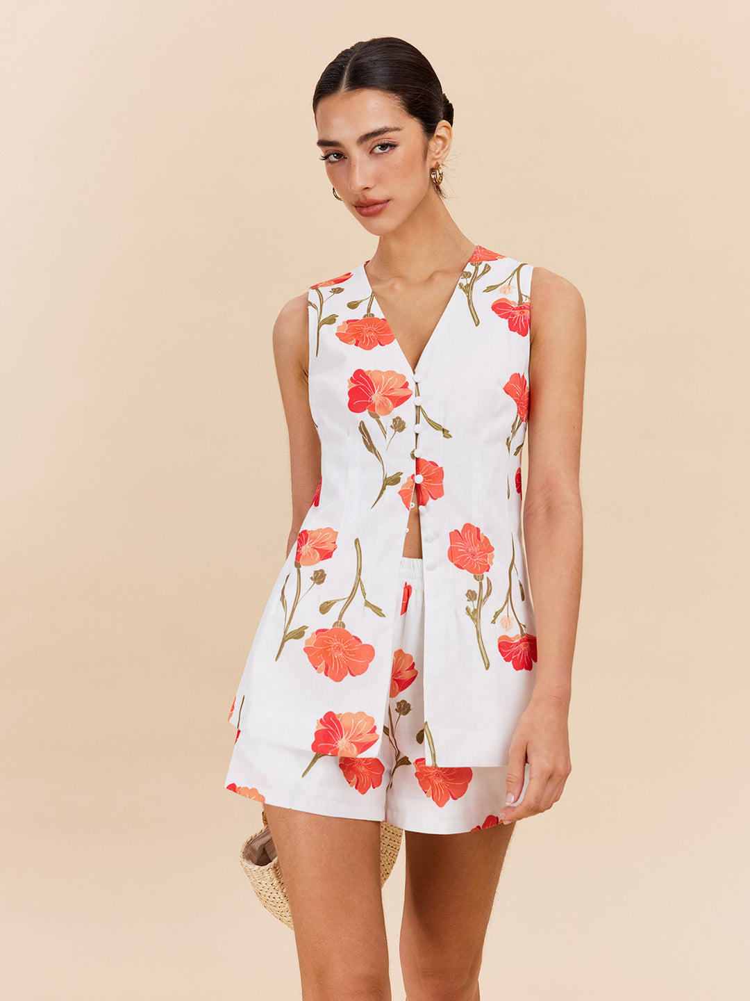 Floral Button-Front Shorts Set