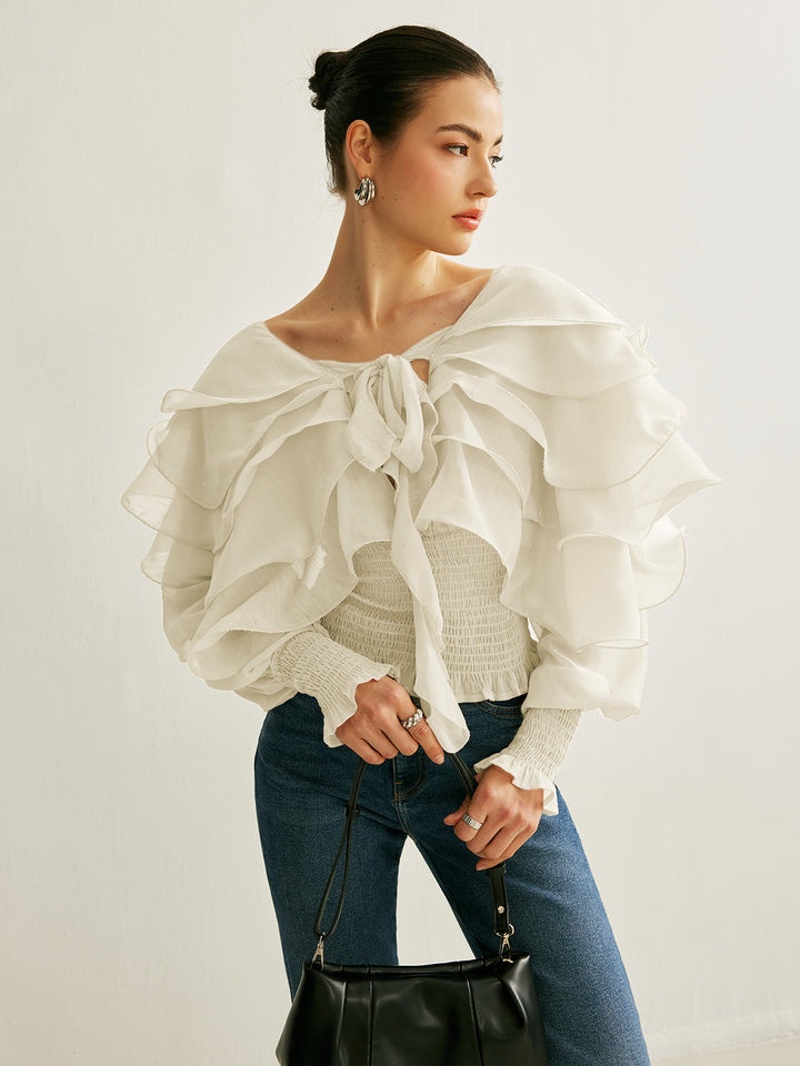 Semi-Sheer Chiffon Ruffle Backless Top