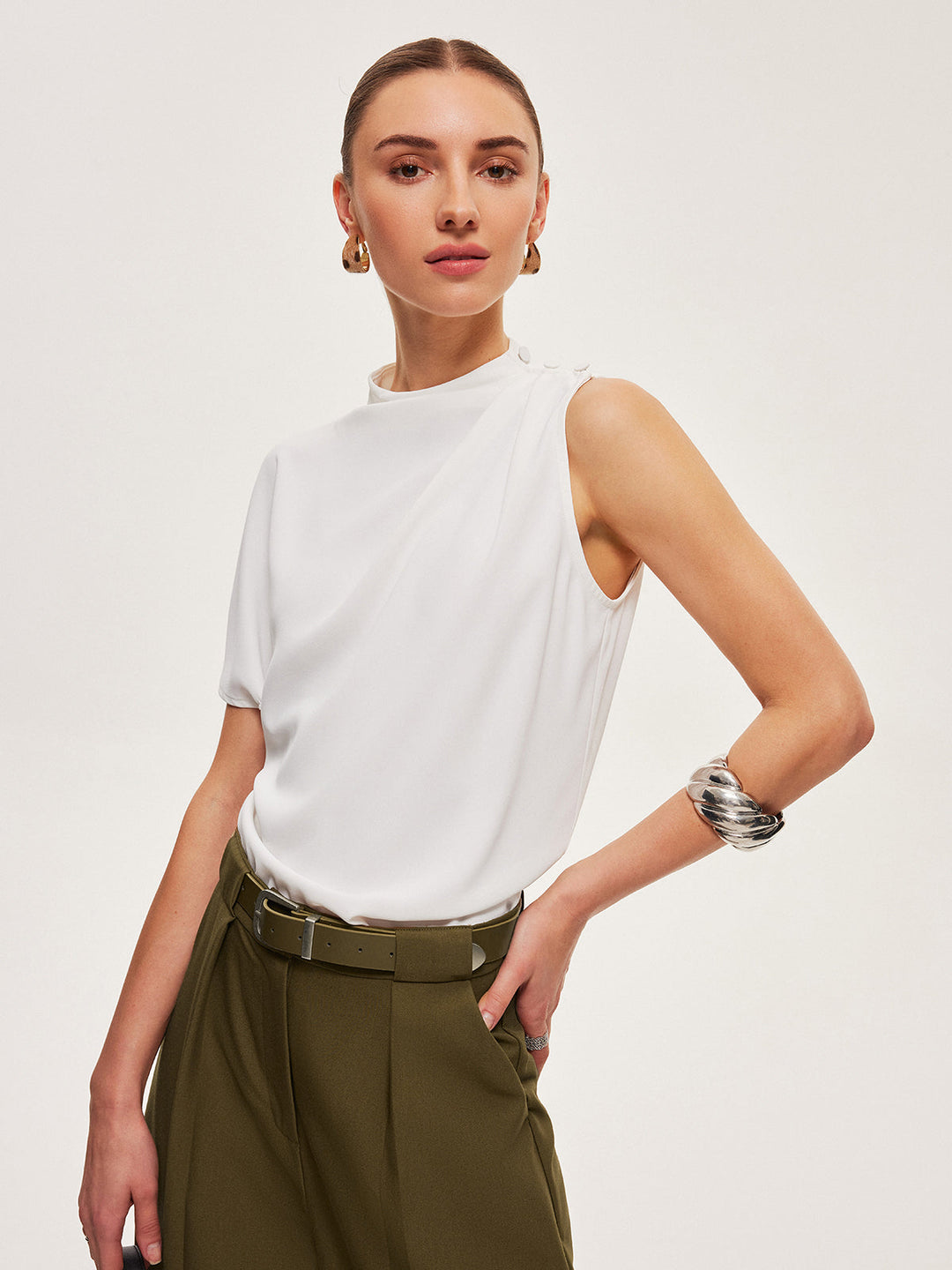 Asymmetric Draped Button-Shoulder Top