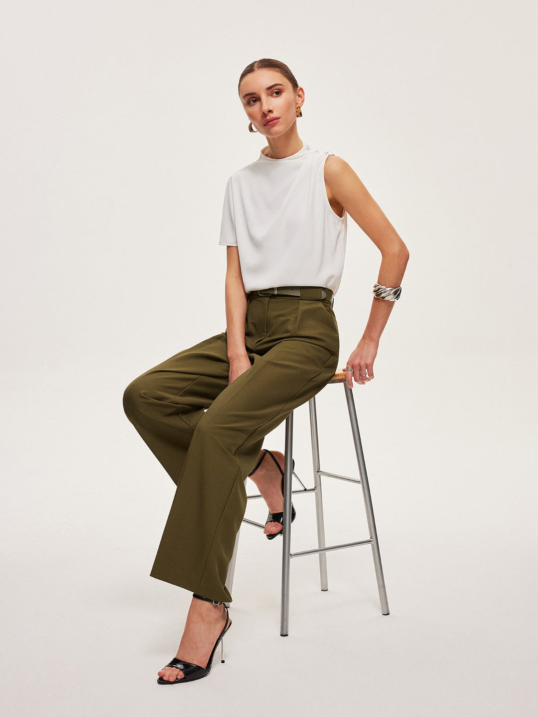 Asymmetric Draped Button-Shoulder Top
