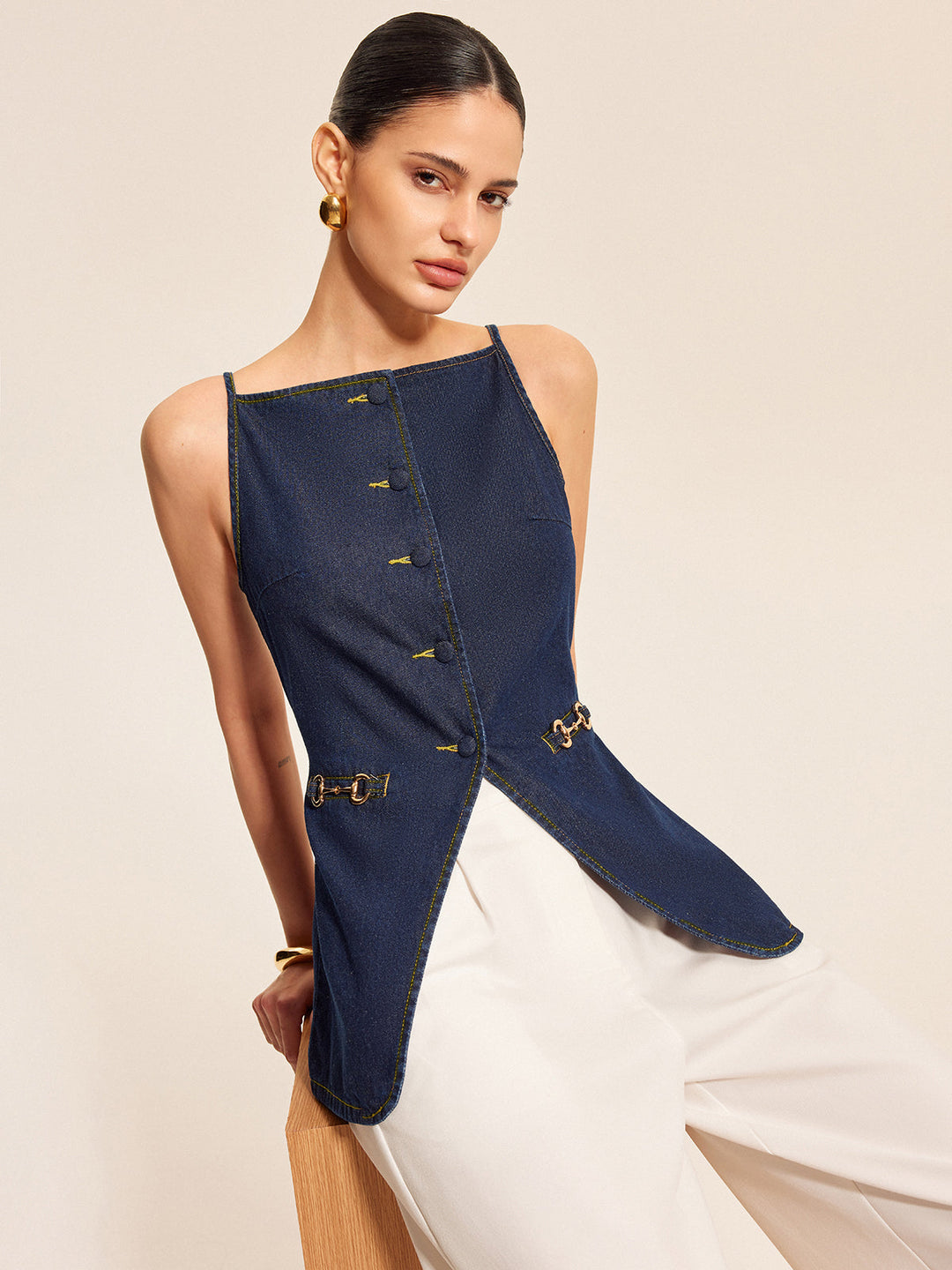 Button Detail Denim Shorts Set With Buckle Accents