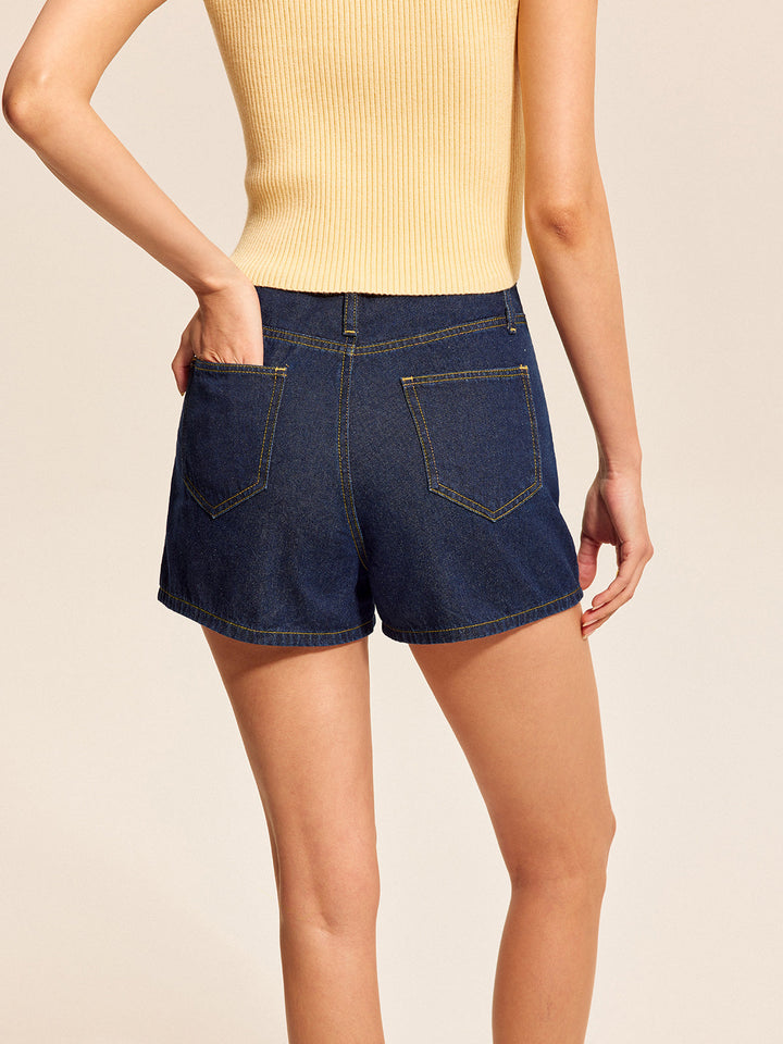 Button Detail Denim Shorts Set With Buckle Accents