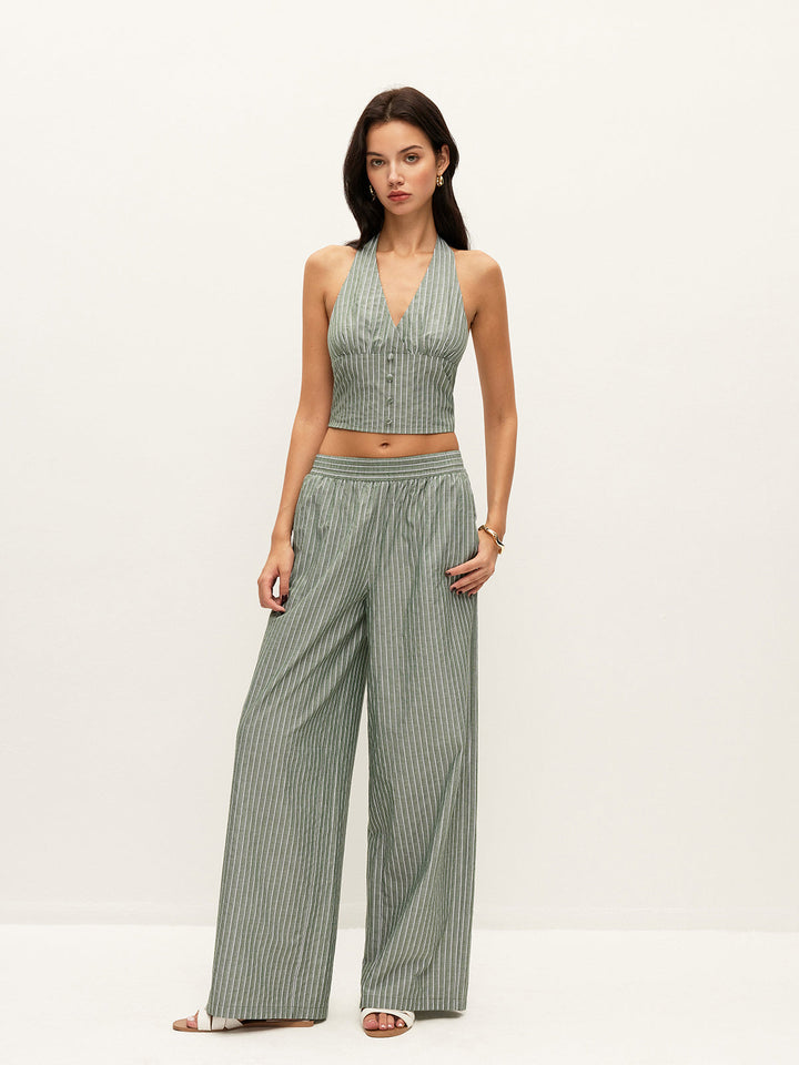 Striped Button-Detail Halter Top With Pants Set