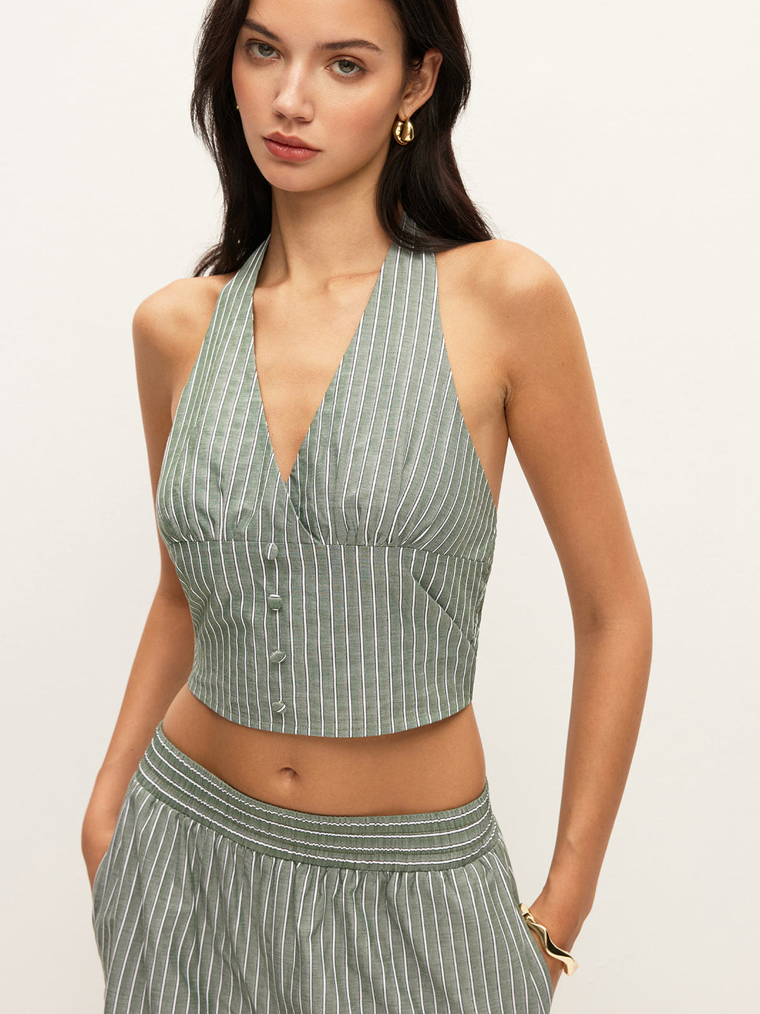 Striped Button-Detail Halter Top With Pants Set