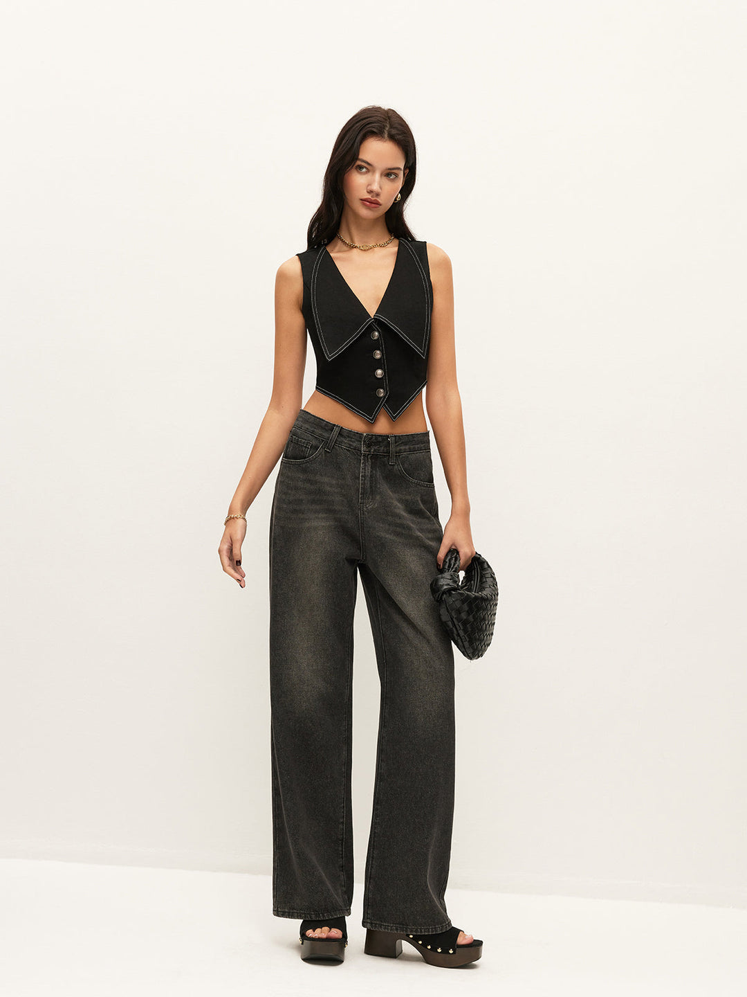 Collared Button-Down Denim Top