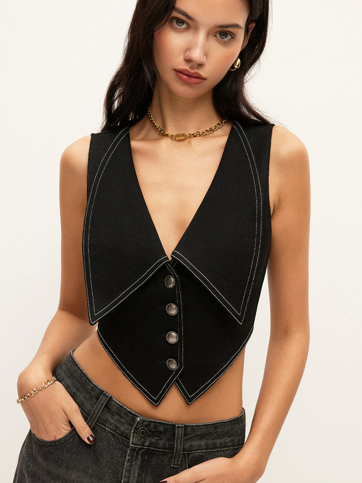 Collared Button-Down Denim Top