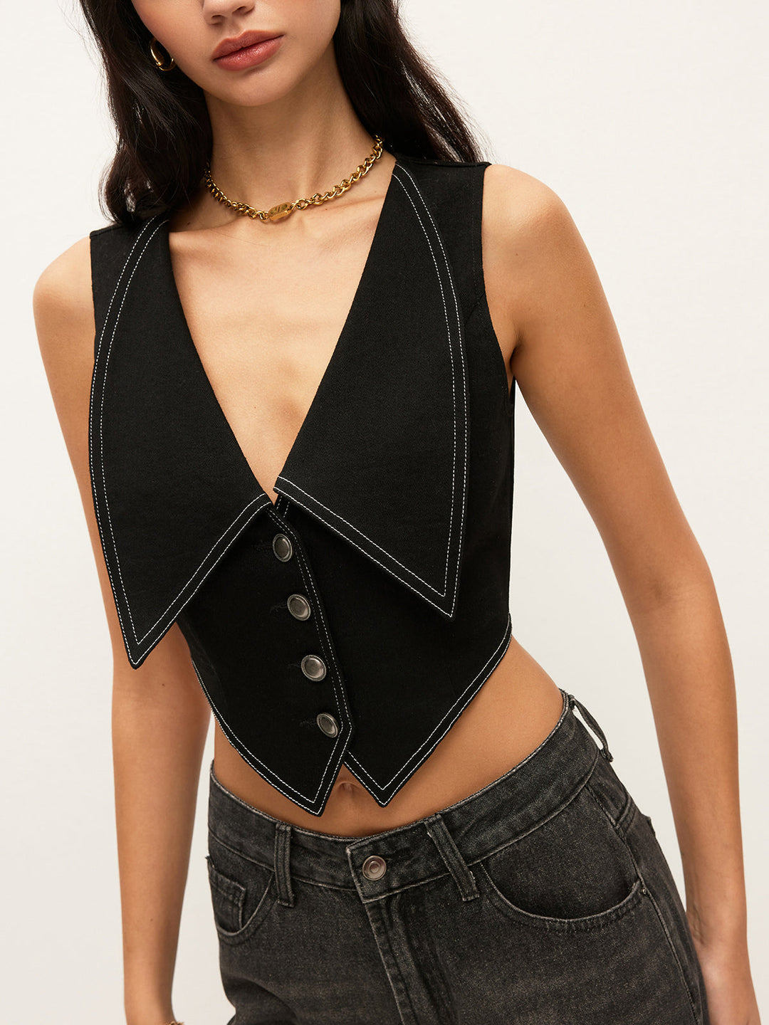 Collared Button-Down Denim Top