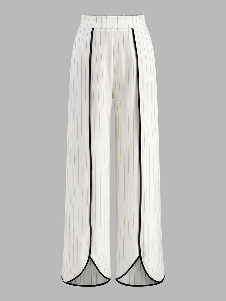 Pinstriped Contrast Trim Wide-Leg Pants
