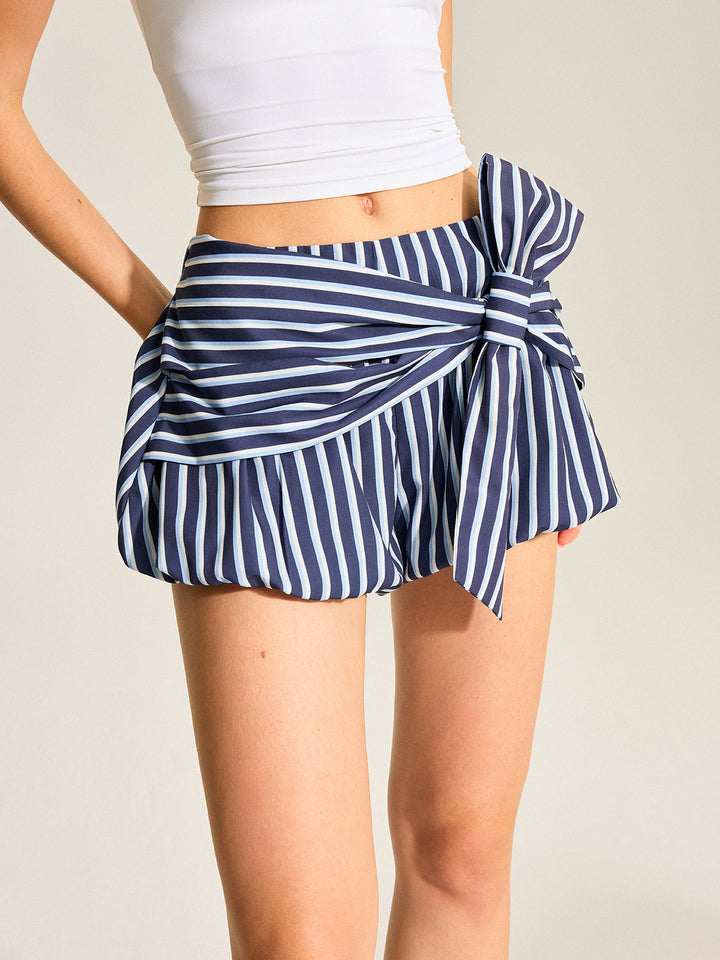 Striped Bubble Shorts With Oversized Bow