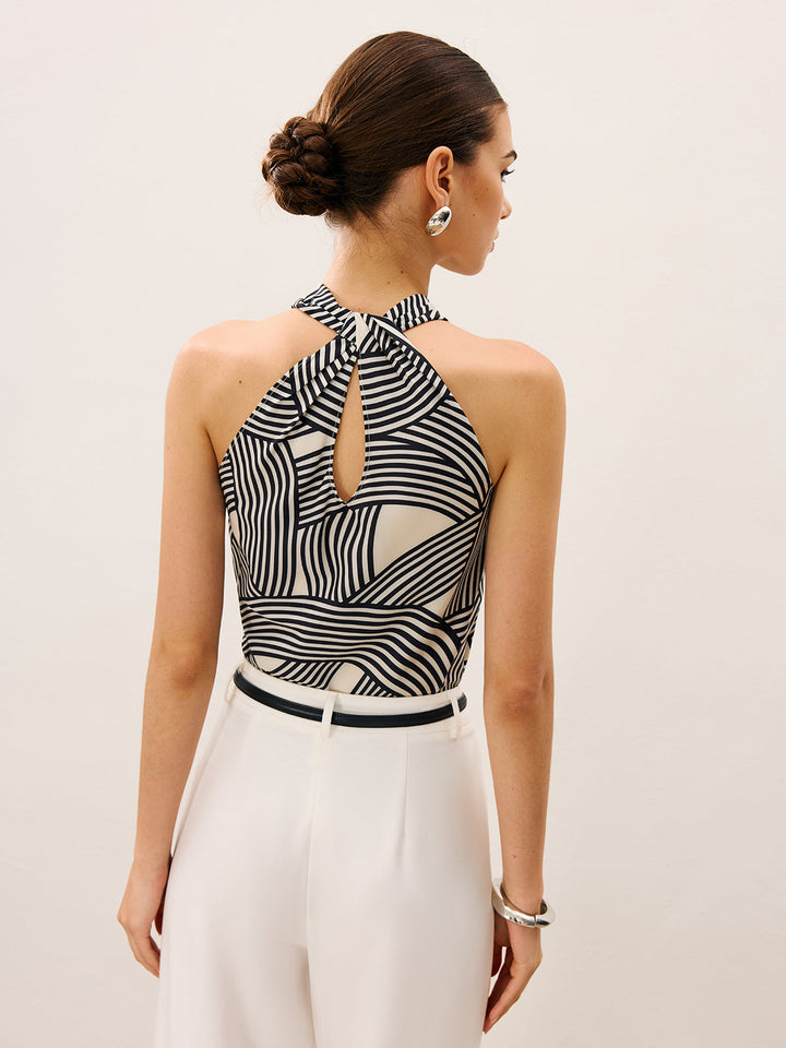 Abstract Stripe Print Cowl Neck Halter Top
