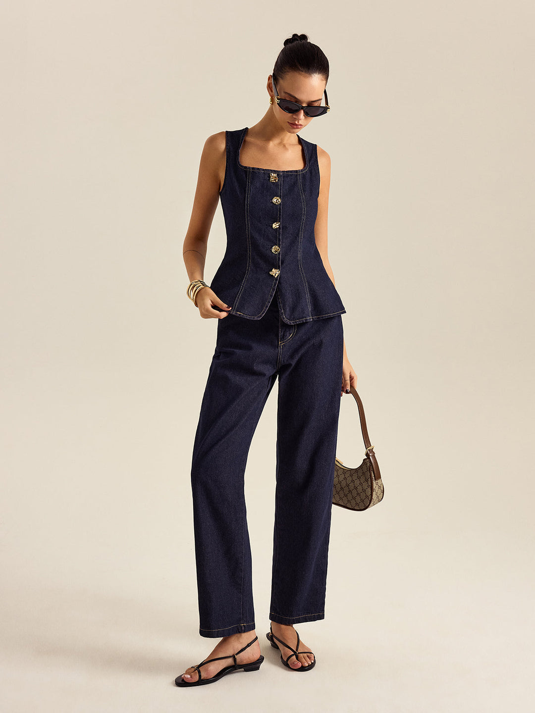 Denim Metal Button Peplum Top and Pants Set