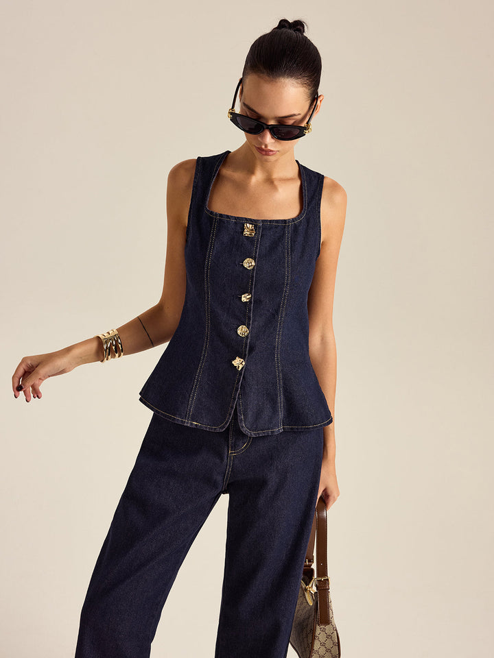 Denim Metal Button Peplum Top and Pants Set