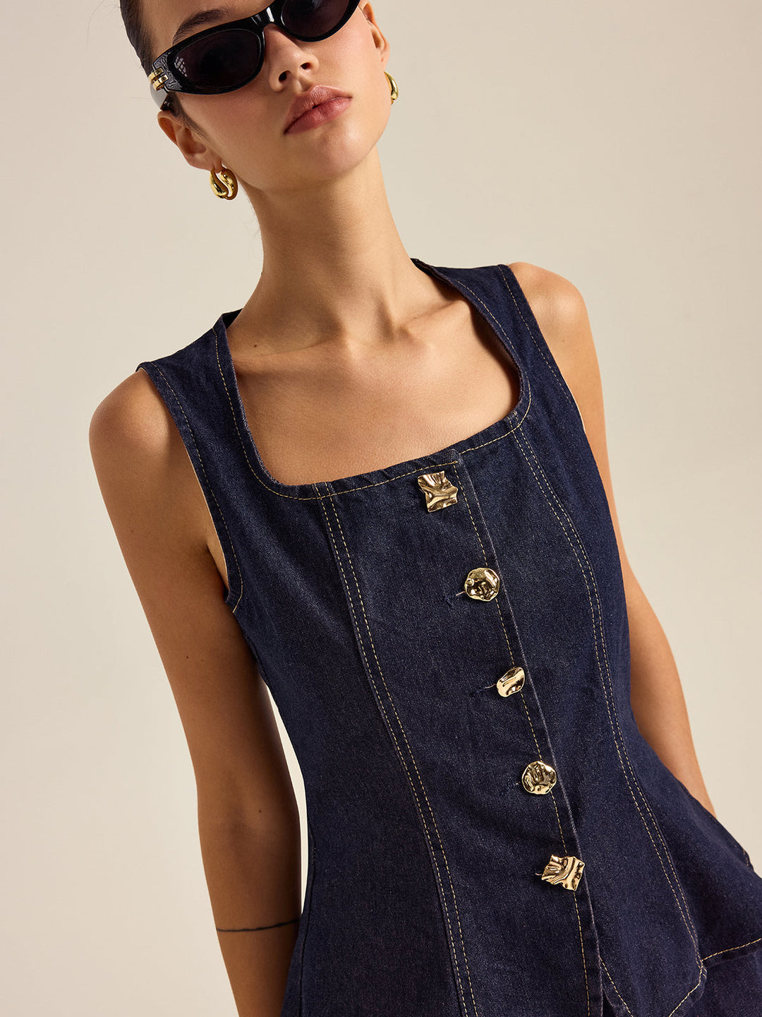 Denim Metal Button Peplum Top and Pants Set
