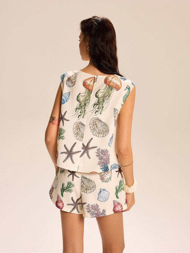 Seashell Print Sleeveless Top and Shorts Set