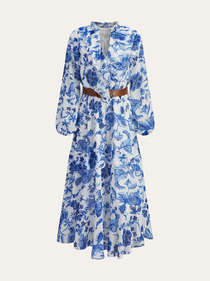 Belted Ruffled Floral Print Maxi Dress