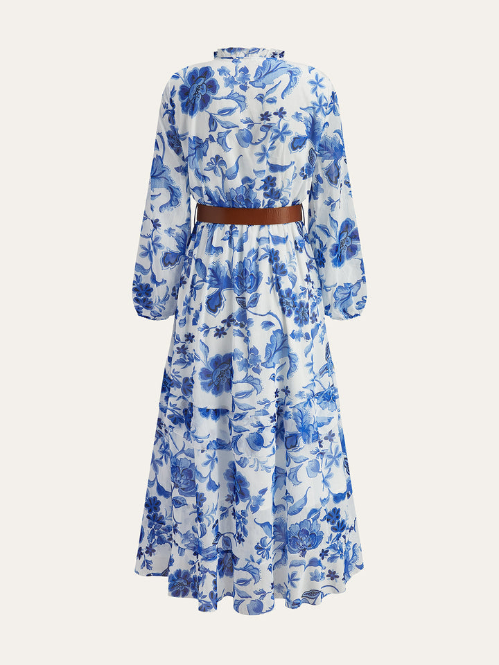 Belted Ruffled Floral Print Maxi Dress