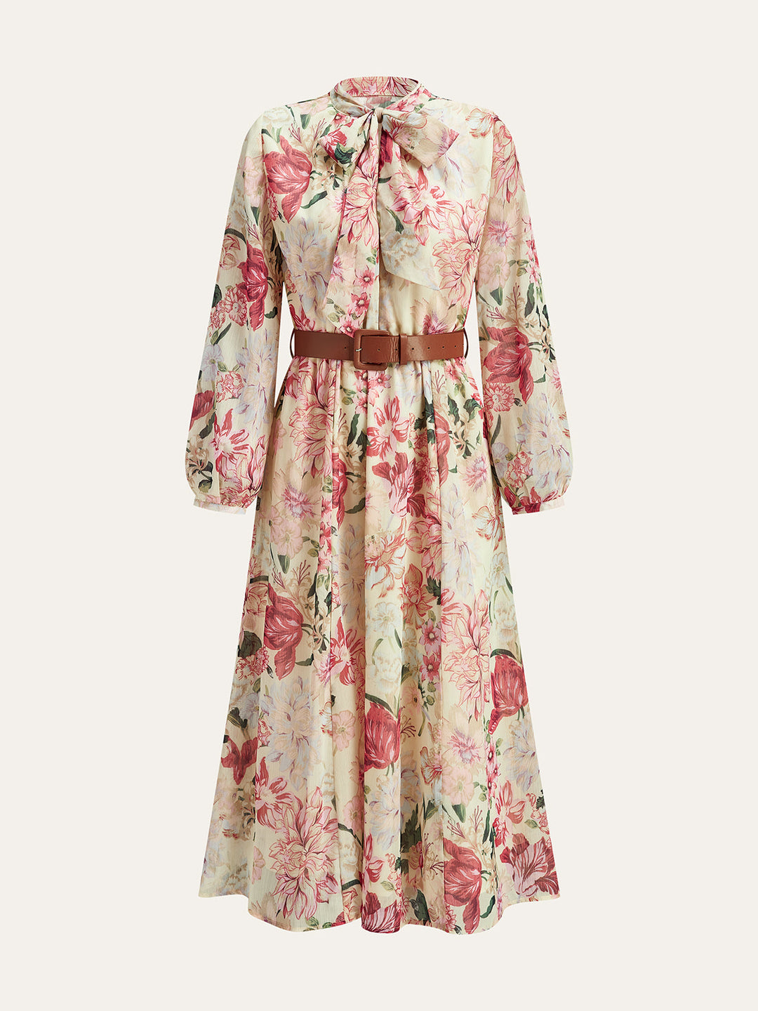 Floral Print Bow Neck Belted Maxi Dress