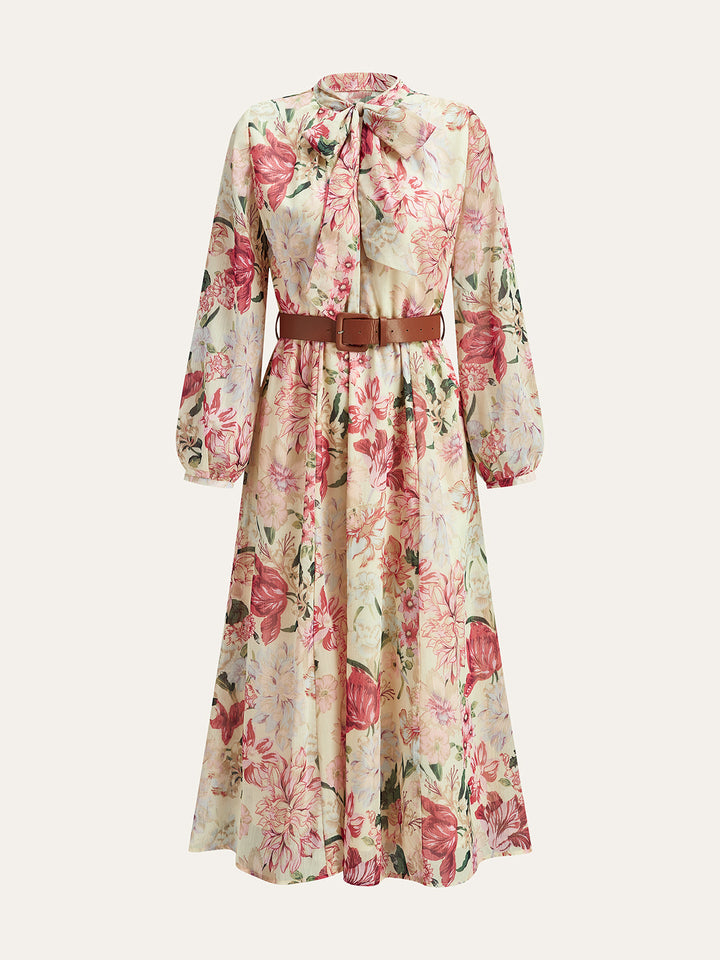 Floral Print Bow Neck Belted Maxi Dress