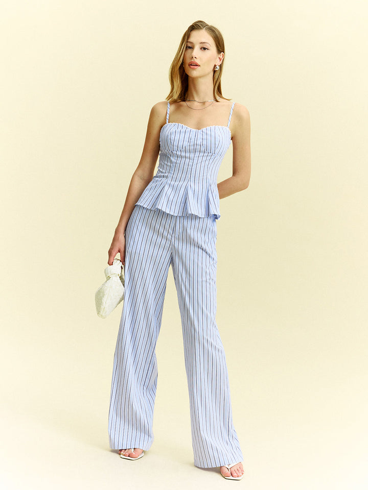 Striped Peplum Top and Wide-Leg Pants Set