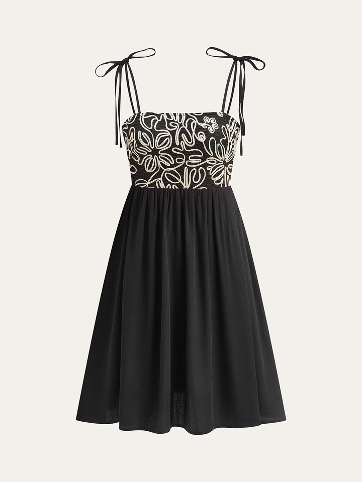 Embroidered Midi Dress with Tie-Up Straps