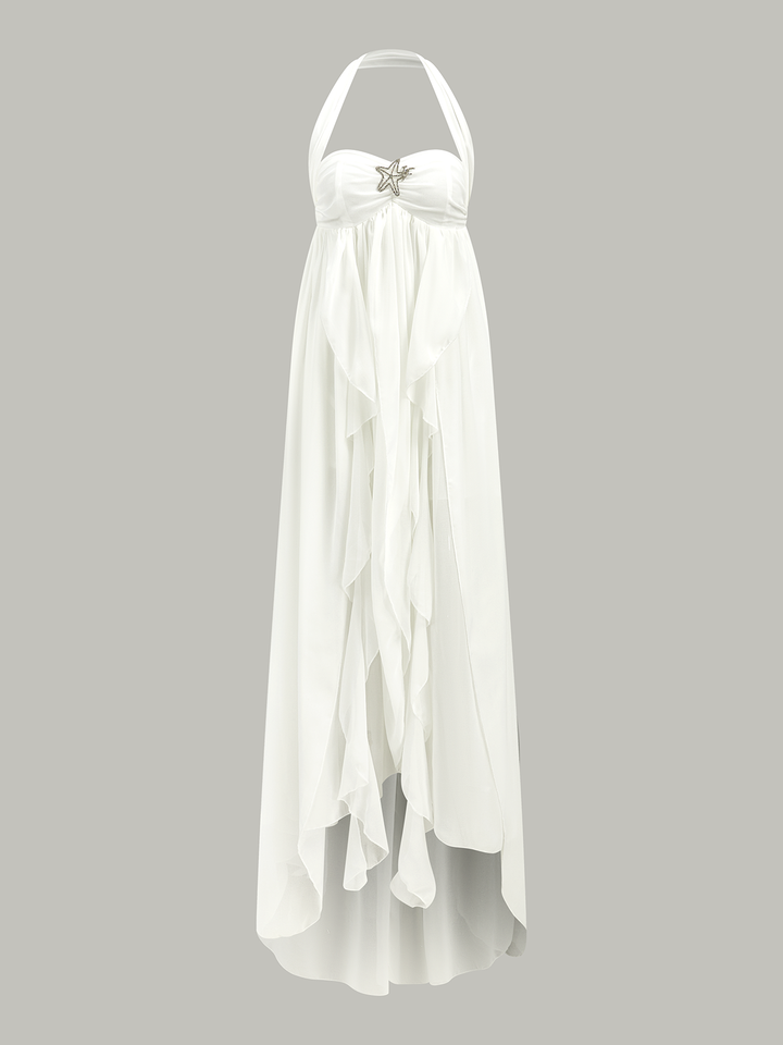 Semi-Sheer Halter Ruffle Backless Maxi Dress