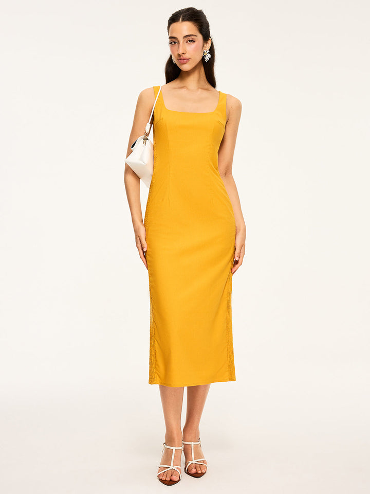 Cotton & Linen Shirred Midi Dress