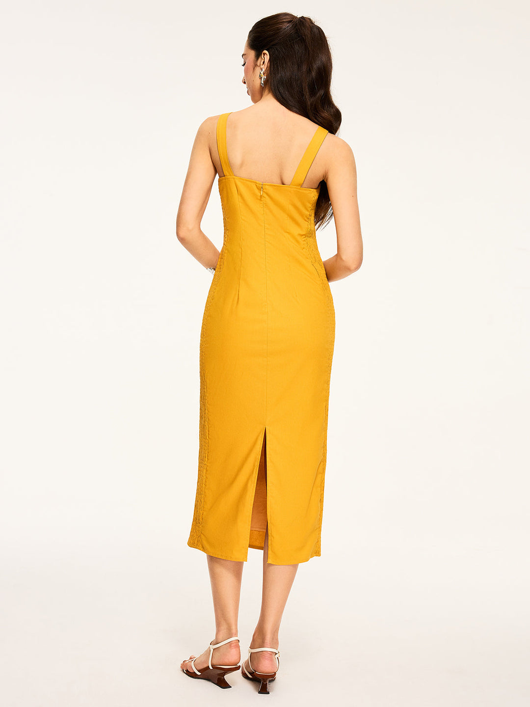 Cotton & Linen Shirred Midi Dress