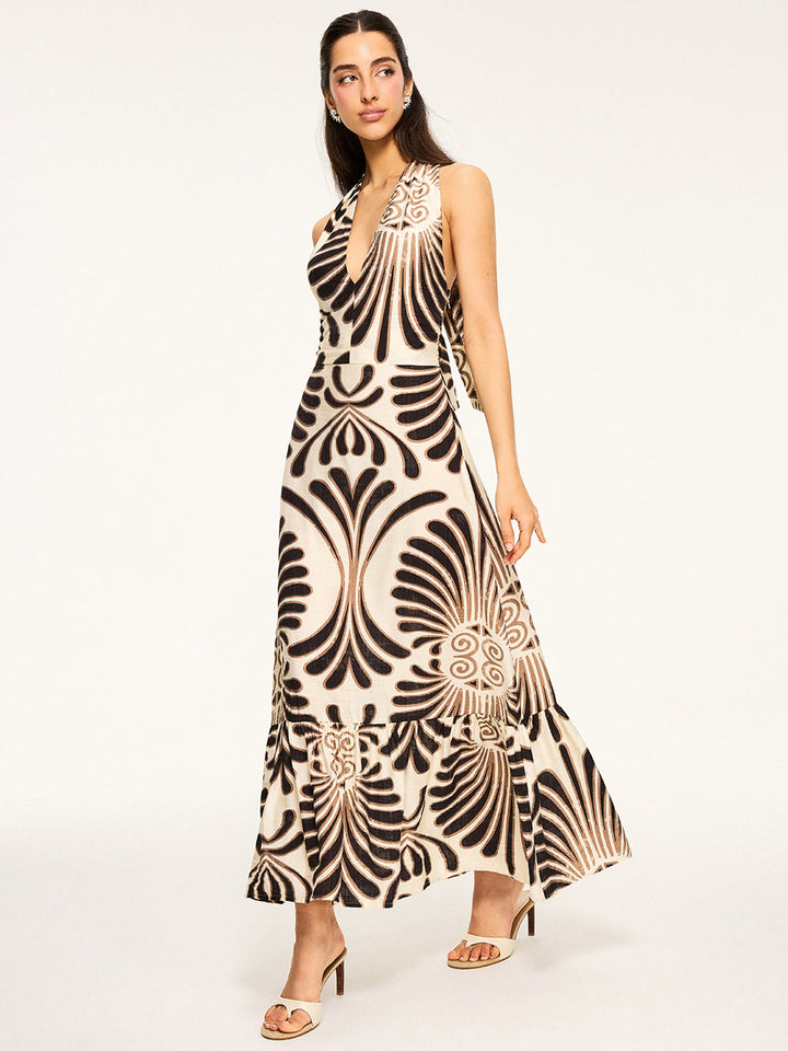 Printed Halter Backless Maxi Dress