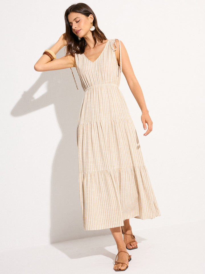 Pocketed Striped Linen & Cotton Tiered Maxi Dress