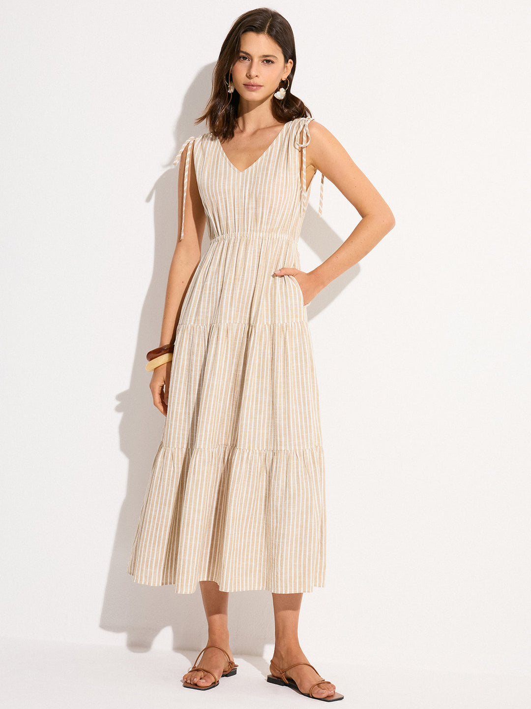 Pocketed Striped Linen & Cotton Tiered Maxi Dress