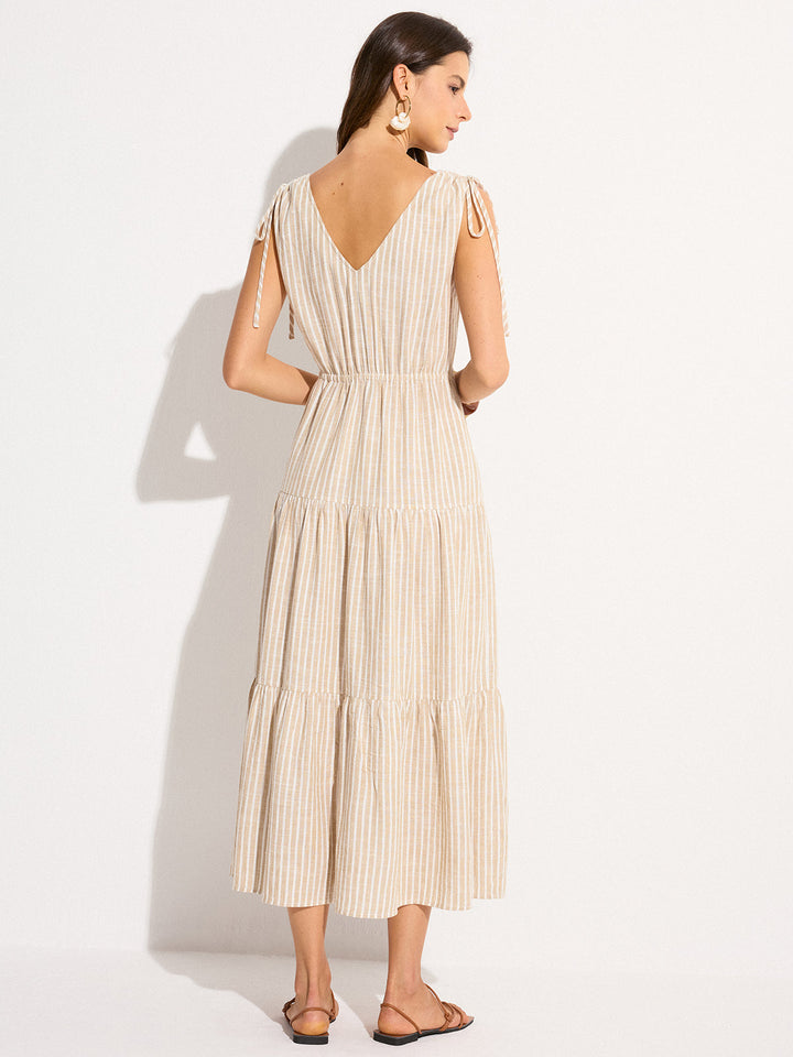 Pocketed Striped Linen & Cotton Tiered Maxi Dress