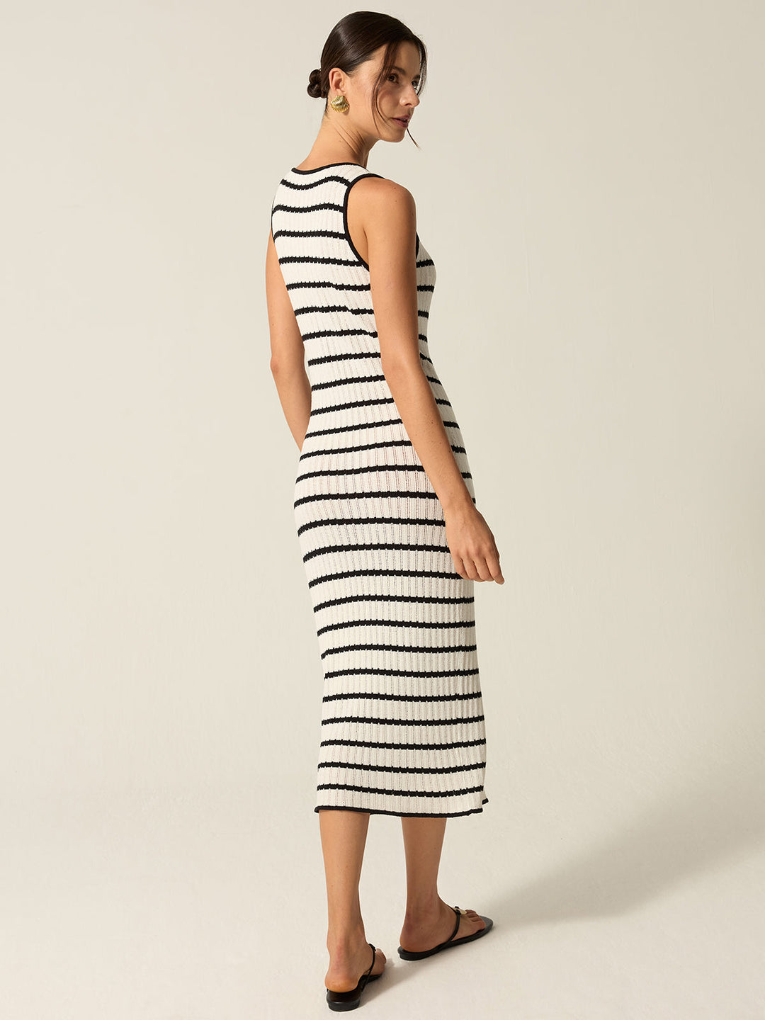 Striped Knit Midi Dress with Front Buttons and Slit Detail