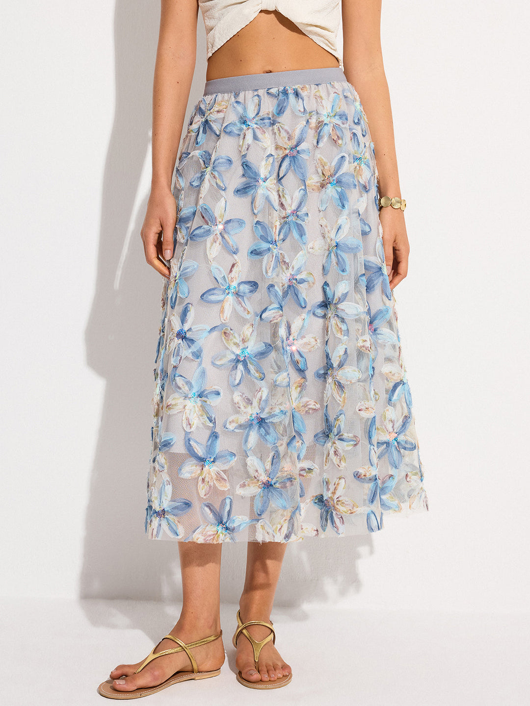 Semi-Sheer Floral Embroidered Mesh Midi Skirt