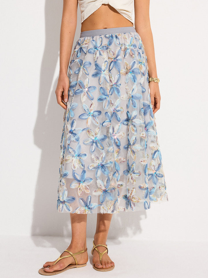 Semi-Sheer Floral Embroidered Mesh Midi Skirt