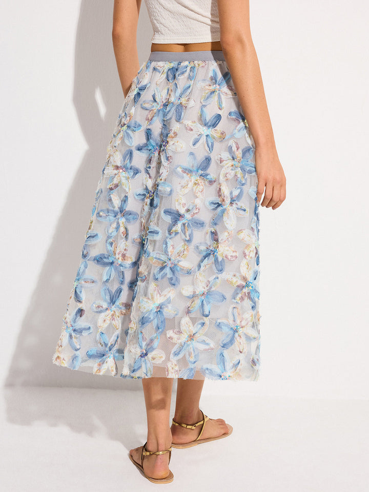 Semi-Sheer Floral Embroidered Mesh Midi Skirt